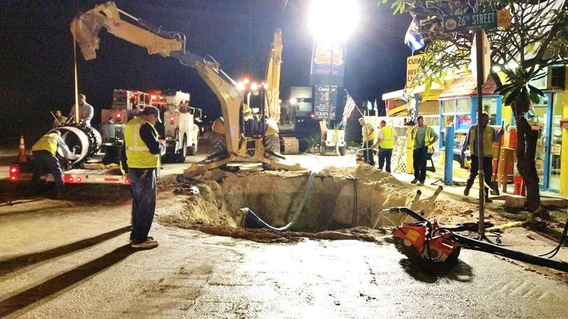 A Florida Keys Aqueduct Authority crew replaces pipes under U.S. 1 in this 2016 photo.