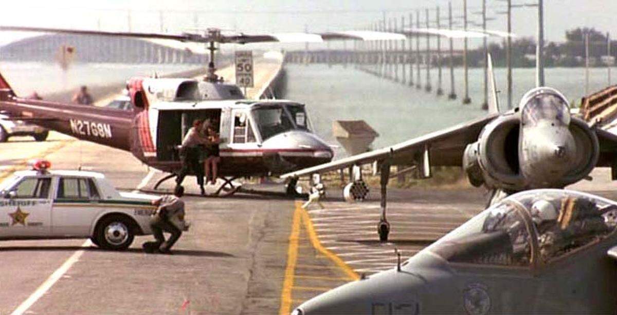 Much of ‘True Lies,’ the 1994 action film starring Arnold Schwarzenegger and Jamie Lee Curtis, was filmed in the Keys. Here, filming is done at the intersection of the old and new seven mile bridges for the scene when terrorists were trying to catch Curtis. Note the Monroe County Sheriff’s Office cars in the frame.