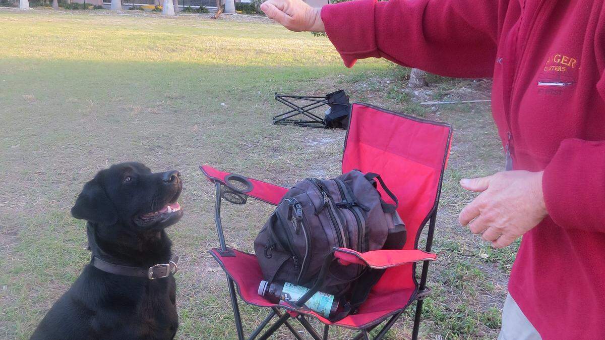 Heather Maneth gives Hobie, an English Lab puppy, a treat at Key West's newest dog park, 250 Trumbo Road, which the city is working on declaring officially zoned for dog play.