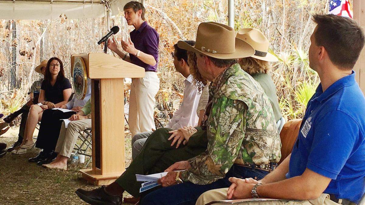 U.S. Department of the Interior Secretary Sally Jewell speaks to Everglades restoration advocates during Earth Day events Friday marking the kick-off of a new 2.6-mile bridge on Tamiami Trail. With funding in place, work on the $180 million bridge is expected to begin within months.