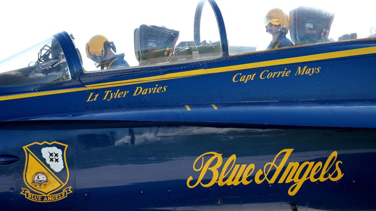 U.S. Navy Lt. Tyler Davies and U.S. Marine Corps Capt. Corrie Mays land at Boca Chica field Monday afternoon in preparation for the Blue Angels' April show. The last time they performed in Key West was in 2013.