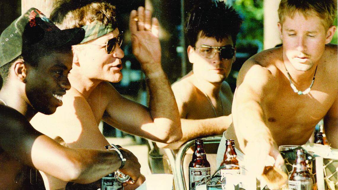 In 'Platoon,' the cast includes (from left) Corey Glover, Dale Dye, Charlie Sheen and Mark Ebenhoch.
