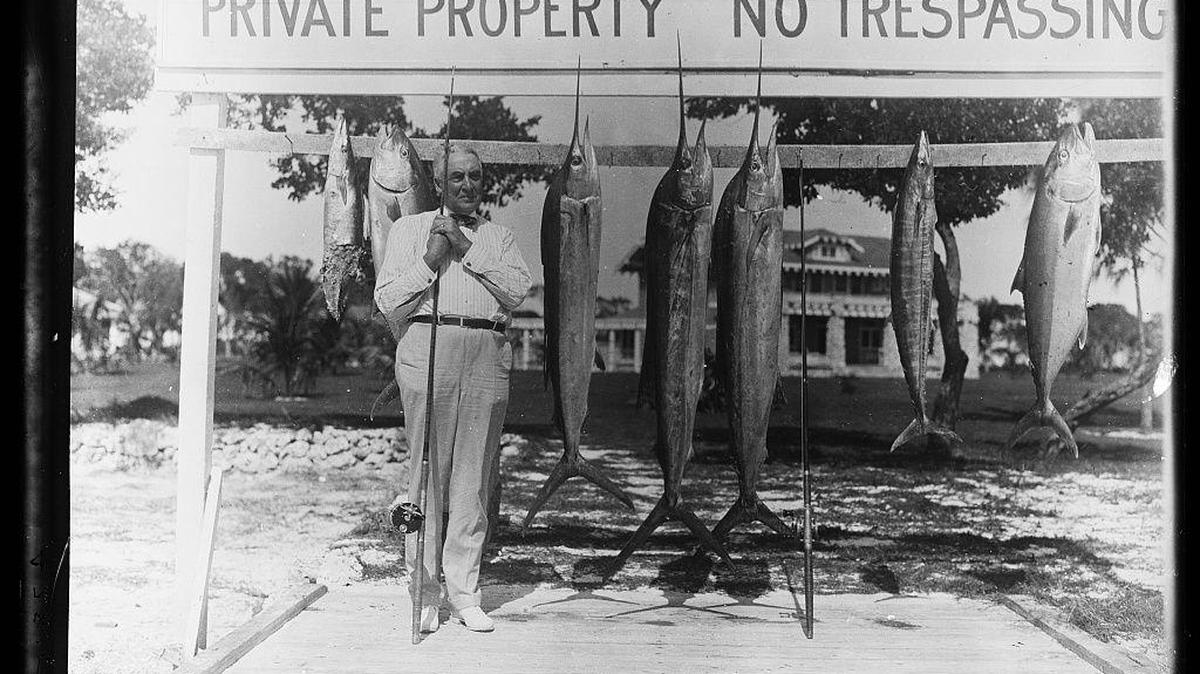 President Warren G. Harding is shown here after a day of fishing at the Cocolobo Cay Club circa 1922.