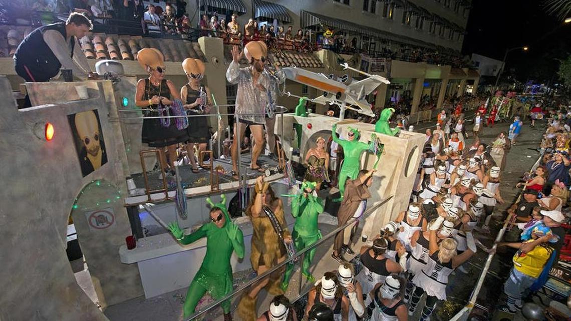 The Lower Keys Fluffers parade along Duval Street during last year’s Fantasy Fest parade held on the final Saturday night of the 10-day event. Old Town Funk won the grand prize.