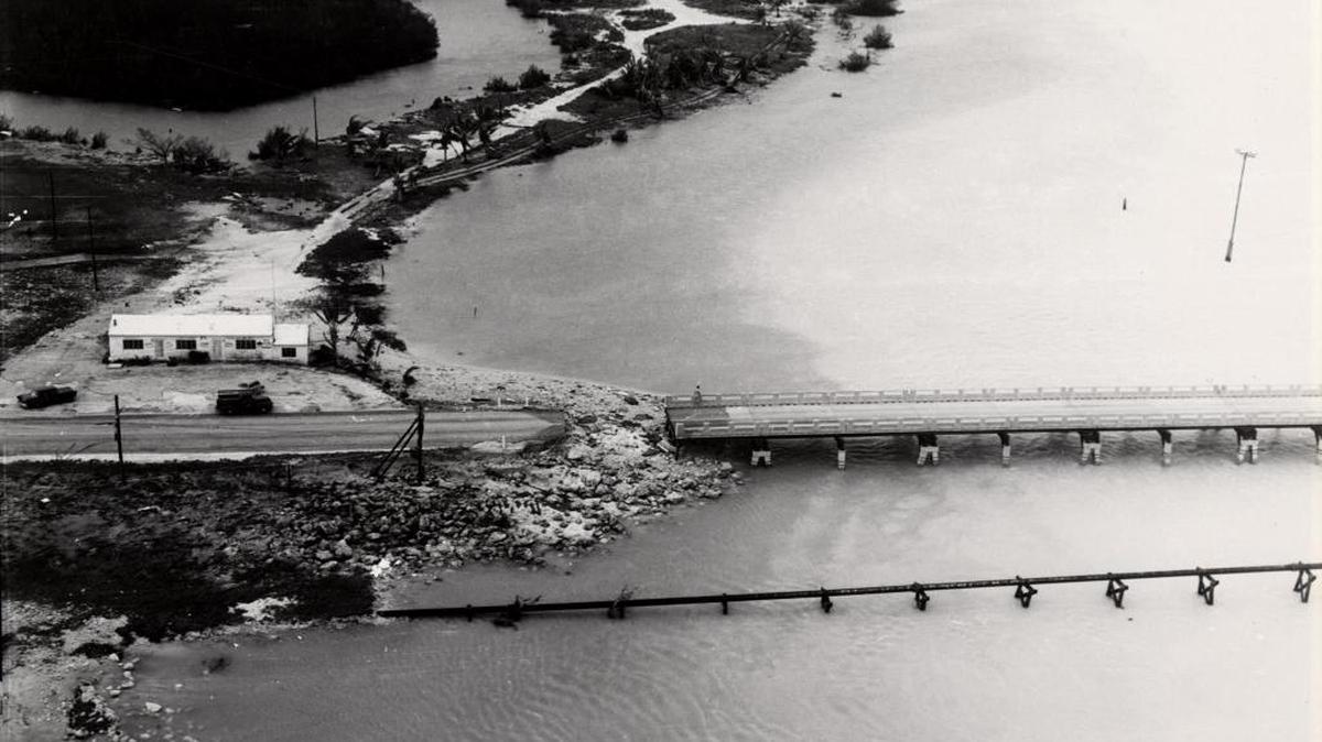 An aerial view of the Robbie’s property from 1960 shows the bridge had been washed out during Hurricane Donna.