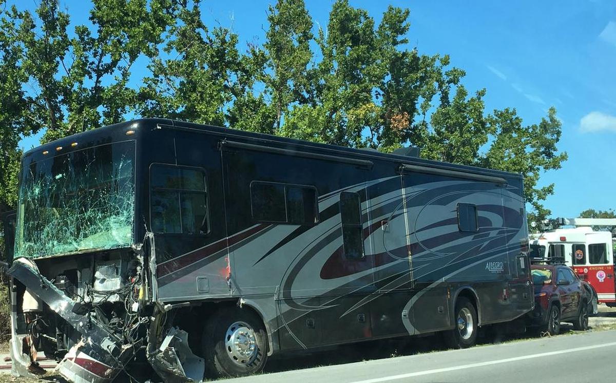 This motor home has damage to its front end and windshield from Monday’s crash. Four people died in the crash, which happened in Islamorada.
