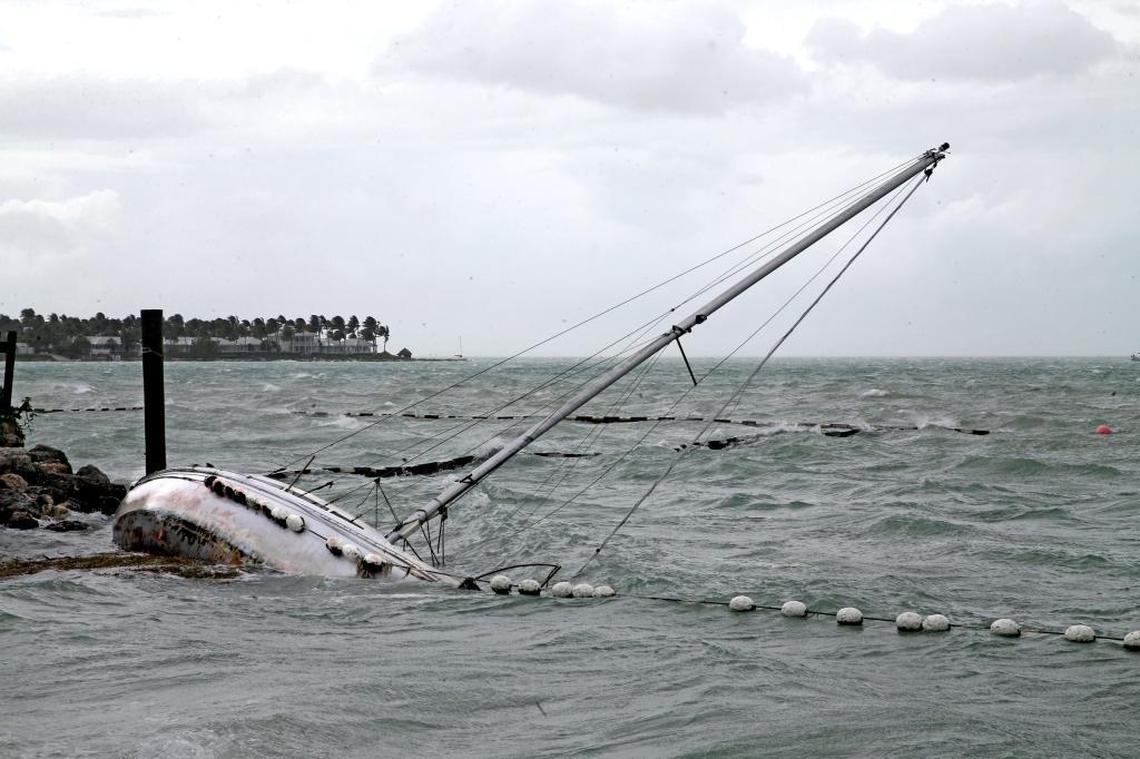 A sailboat crashes on the shore near Mallory Square as Hurricane Irma approached Key West, on Saturday, Sept. 9, 2017.