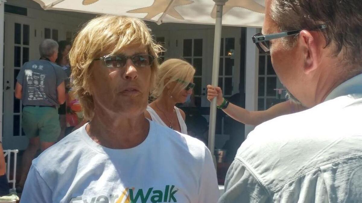 Swimming champion Diana Nyad chats with a local in Key West on Saturday, April 7, 2018.