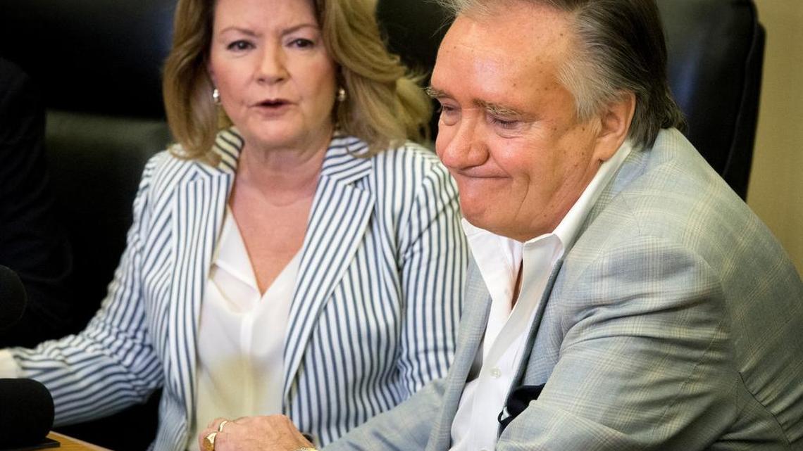 Sandy and Brian Stewart discuss their son Rob’s Jan. 31 diving death at a March 28 press conference at their attorney’s Coral Gables office.