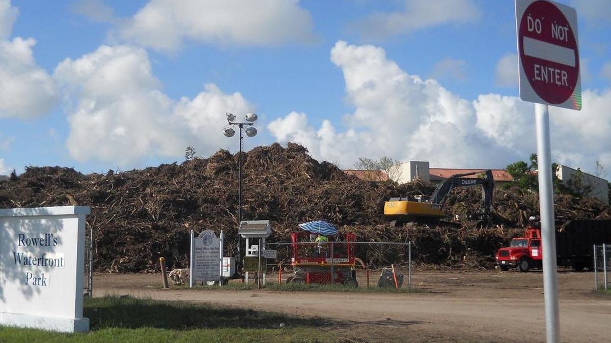 A pile of hurricane debris fills the open space at Rowell’s Waterfront Park, a Monroe County-owned property on Key Largo. Renting private space for temporary storage is expensive, county commissioners will hear Wednesday