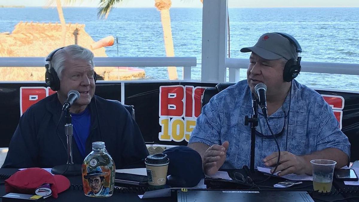 Former Miami Dolphins football coach Jimmy Johnson (left) discusses how the Keys continue to recover after Hurricane Irma with Big 105.9 morning radio show host Paul Castronovo during a Friday broadcast from the Key Largo Marriott Resort.