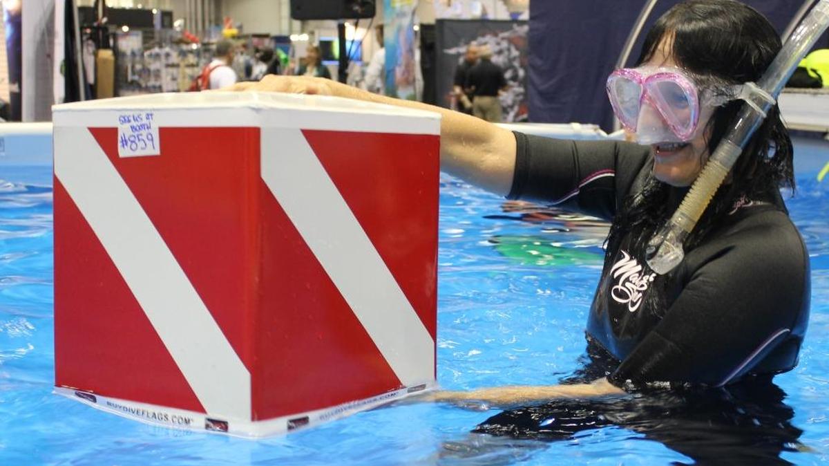 Innovative diver-down warnings like the Goumba 360, seen displayed at the DEMA dive show last November, are among new devices allowed by state law.
