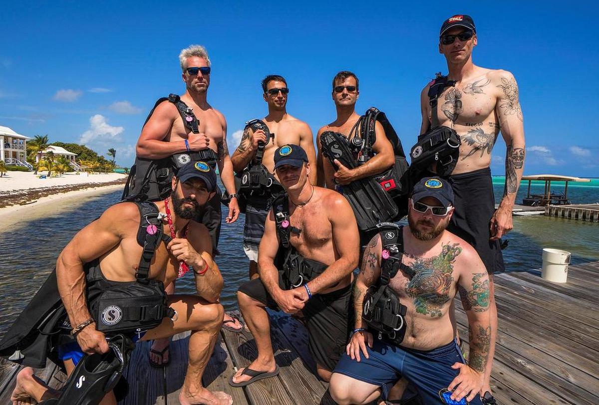 Veterans who participated in Force Blue’s first deployment gather. Pictured are [left-right back] Geoff Reeves, Will Hinkson, Nathan Quinn, Roger Sparks [left-right front] Rudy Reyes, Jon Slayer, Sean Moore. Photo credit will go to Bryan Hellemn.