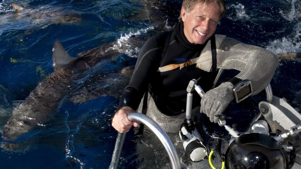Noted underwater photographer Stephen Frink emerges from the ocean surrounded by sharks.