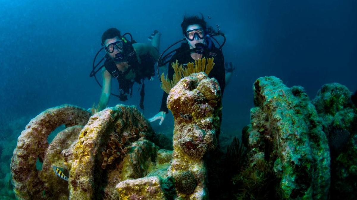 Mark and Liz Brown swim up to a ship’s winch at Molasses Reef post Hurricane Irma.
